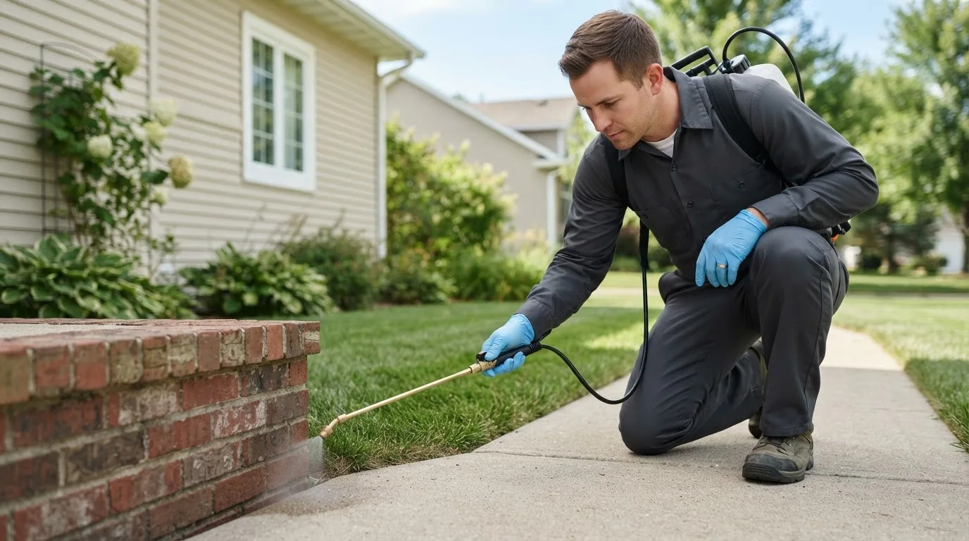 Pest control technician treating a home near River Pines, CA